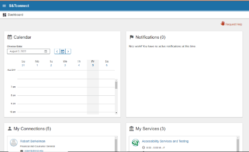 Image of Student Dashboard with calendar, notifications, services tabs.